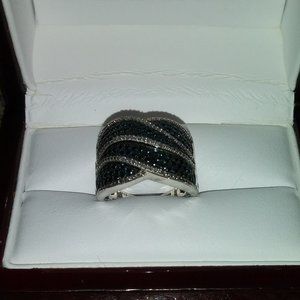 Women's White & Black Diamond Ring. 925 Sterling Silver Band, Size 7 US